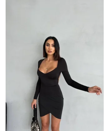 Kadın Uzun Kollu Göğüs Ve ırt Dekolteli Kruvaze Etek Detay Fırsat ürün ini Elbise