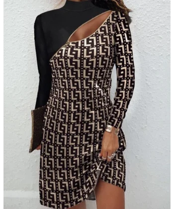 Kadın Uzun Kollu Göğüste çapraz Fermuar Detay Dalgıç Mini Boy Elbise