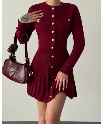 Kadın Uzun Kollu Gold Düğme Detay Yelek Ve Pileli Mini Etek Ikili Takım