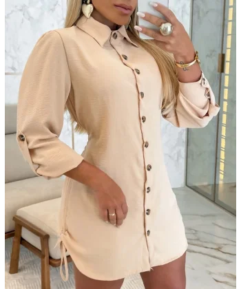 Kadın Uzun Kollu Gömlek Yaka önden Düğmeli Yanlardan Büzgülü Kısa Aerobin Elbise