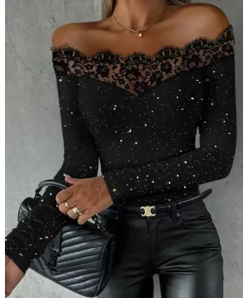 Kadın Uzun Kollu Güpürlü Madonna Yaka Taşlı Mikro Bluz
