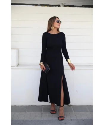 Kadın Uzun Kollu Hafif Kayık Yaka Sırt Dekolteli Yırtmaç Detaylı Viskon Tam Boy Elbise