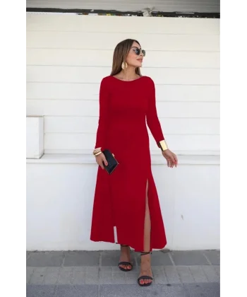 Kadın Uzun Kollu Hafif Kayık Yaka Sırt Dekolteli Yırtmaç Detaylı Viskon Tam Boy Elbise