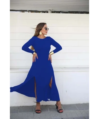 Kadın Uzun Kollu Hafif Kayık Yaka Sırt Dekolteli Yırtmaç Detaylı Viskon Tam Boy Elbise