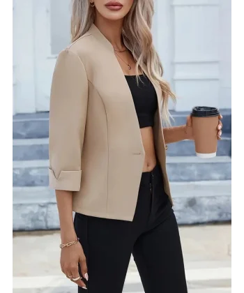 Kadın Uzun Kollu Hakim V Yaka Düğmeli Atlas Ceket