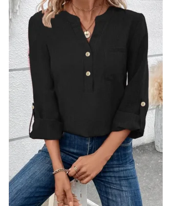 Kadın Uzun Kollu Hakim V Yaka Düğmeli Bluz