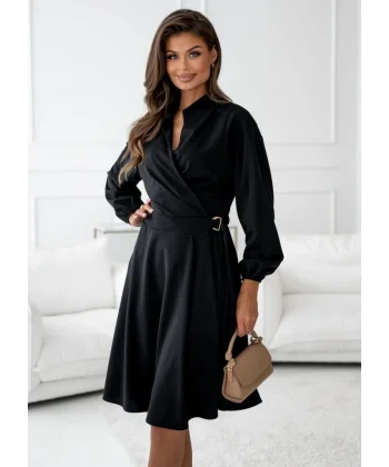 Kadın Uzun Kollu Hakim V Yakalı Yandan Toka Detaylı Ithal Mini Krep Elbise