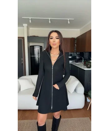 Kadın Uzun Kollu Hakim Yaka Ayarlanabilir Fermuar Dekolteli Mini Elbise