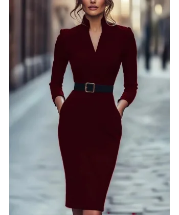 Kadın Uzun Kollu Hakim Yaka Beli Kemerli Cepli Midi Ithal Krep Elbise