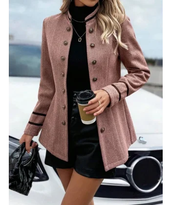 Kadın Uzun Kollu Hakim Yaka Düğme Detaylı Mini Dokuma Ceket