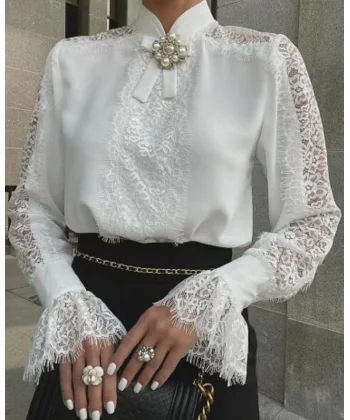 Kadın Uzun Kollu Hakim Yaka Ithal Dantel Detay Gömlek