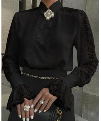 Kadın Uzun Kollu Hakim Yaka Ithal Dantel Detay Gömlek