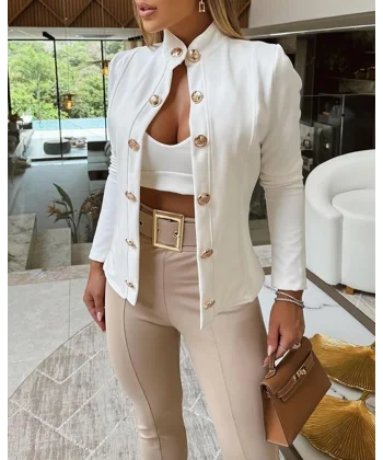 Kadın Uzun Kollu Hakim Yaka önden Düğmeli Atlas Ceket