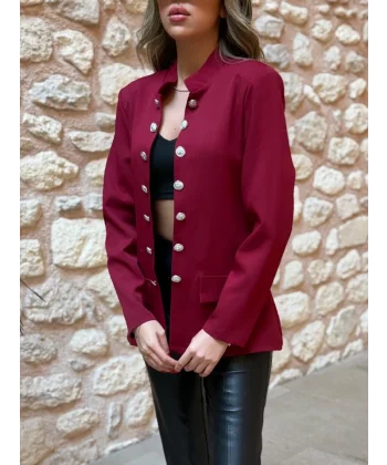 Kadın Uzun Kollu Hakim Yaka önü Açık Düğme Detaylı Atlas Ceket