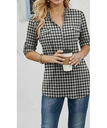 Kadın Uzun Kollu Hakim Yaka Yakadan Fermuarlı Geometrik Desenli Süprem Bluz