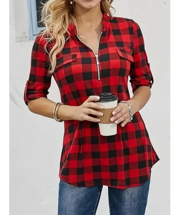 Kadın Uzun Kollu Hakim Yaka Yakadan Fermuarlı Geometrik Desenli Süprem Bluz