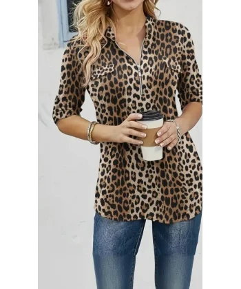 Kadın Uzun Kollu Hakim Yaka Yakadan Fermuarlı Geometrik Desenli Süprem Bluz