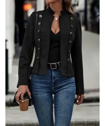 Kadın Uzun Kollu Hakim Yaka Yanlardan Düğmeli Kısa Süet Ceket