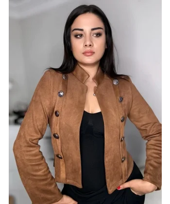 Kadın Uzun Kollu Hakim Yaka Yanlardan Düğmeli Kısa Süet Ceket