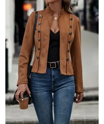 Kadın Uzun Kollu Hakim Yaka Yanlardan Düğmeli Kısa Süet Ceket