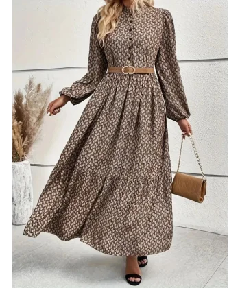 Kadın Uzun Kollu Hakim Yakalı Düğmeli Kemersiz Desenli Maxi Süprem Elbise