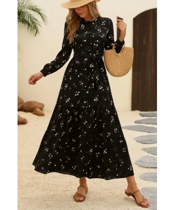 Kadın Uzun Kollu Hakim Yakalı Düğmeli Kuşaklı Desenli Maxi Mikro Süprem Elbise