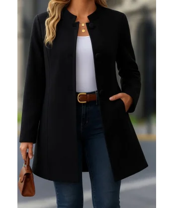 Kadın Uzun Kollu Hakim Yakalı önden Düğmeli Cep Detaylı Kısa Kaşe Kaban