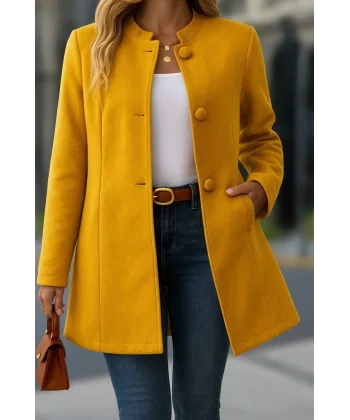 Kadın Uzun Kollu Hakim Yakalı önden Düğmeli Cep Detaylı Kısa Kaşe Kaban