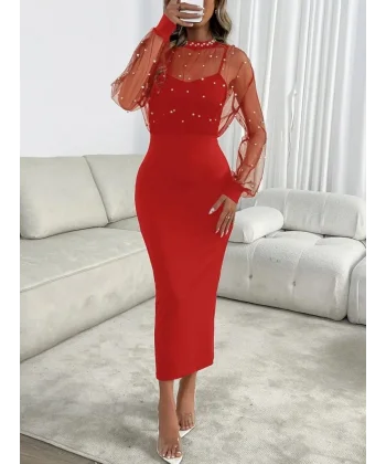 Kadın Uzun Kollu Halka Yaka Tül Inci Detaylı Uzun Ithal Krep Elbise