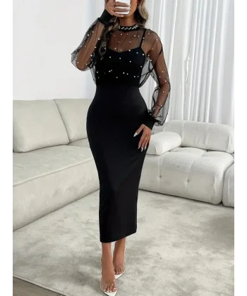 Kadın Uzun Kollu Halka Yaka Tül Inci Detaylı Uzun Ithal Krep Elbise