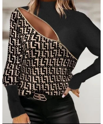 Kadın Uzun Kollu Iki Renk Fermuar Detay Fırsat ürün Desenli Bluz