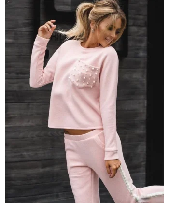 Kadın Uzun Kollu Inci Cep Detay Bluz Ve Yüksek Bel Yanı Inci şerit Detay Pantolon Eşofman Takım