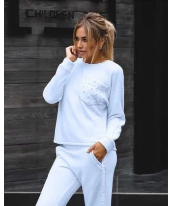 Kadın Uzun Kollu Inci Cep Detay Bluz Ve Yüksek Bel Yanı Inci şerit Detay Pantolon Eşofman Takım