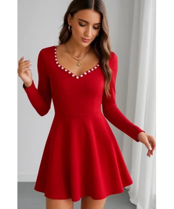 Kadın Uzun Kollu Inci Yakalı Kısa Ithal Krep Elbise