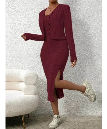 Kadın Uzun Kollu Ip Askılı Yuvarlak Yakalı Yandan Yırtmaçlı Elbise Ve Kısa Ceket şardonlu Kaşkorse Ikili Takım