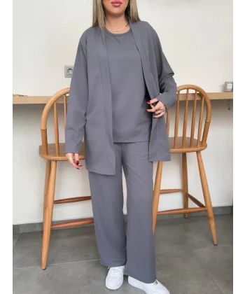 Kadın Uzun Kollu Ithal Krep Onu Açık Ceket Askılı Yuvarlak Yaka Bluz Ve Cepli Pantolon üçlü Takım