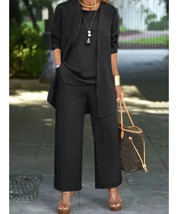 Kadın Uzun Kollu Ithal Krep Onu Açık Ceket Askılı Yuvarlak Yaka Bluz Ve Cepli Pantolon üçlü Takım