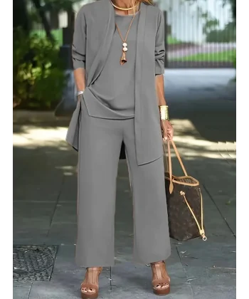 Kadın Uzun Kollu Ithal Krep Onu Açık Ceket Askılı Yuvarlak Yaka Bluz Ve Cepli Pantolon üçlü Takım
