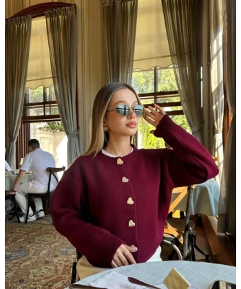 Kadın Uzun Kollu Kalp Düğme Detay Hırka