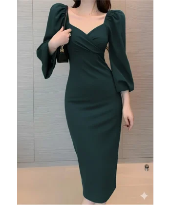 Kadın Uzun Kollu Kalp Yakalı Midi Ithal Krep Elbise