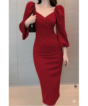 Kadın Uzun Kollu Kalp Yakalı Midi Ithal Krep Elbise