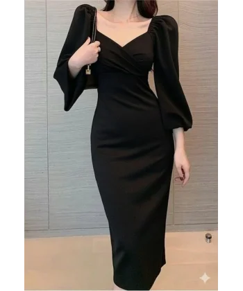 Kadın Uzun Kollu Kalp Yakalı Midi Ithal Krep Elbise