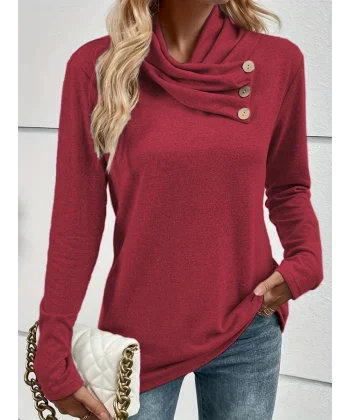 Kadın Uzun Kollu Kapişon Yaka Düğmeli Yumoş Bluz