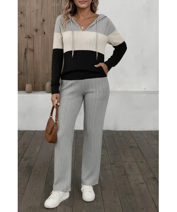 Kadın Uzun Kollu Kapşonlu Bağcıklı Blok Renkli şardonlu Kaşkorse Bluz Ve Pantolon Ikili Takım