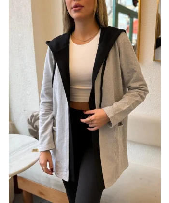 Kadın Uzun Kollu Kapşonlu Bağcıklı Cepli Iki Iplik Ceket