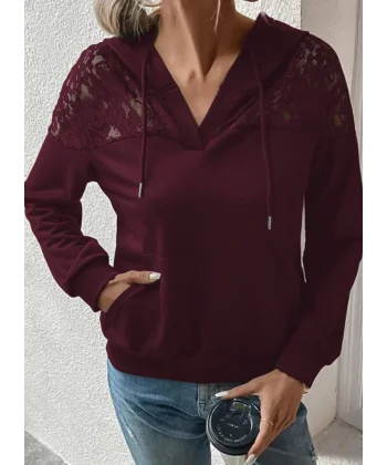 Kadın Uzun Kollu Kapşonlu Bağcıklı Dantelli Viskon Iki Iplik Bluz