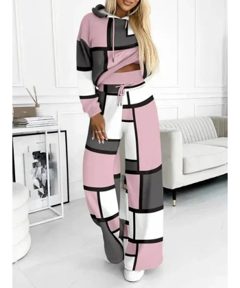 Kadın Uzun Kollu Kapşonlu Bağcıklı Desenli Iki Iplik Bluz Ve Pantolon Ikili Takım