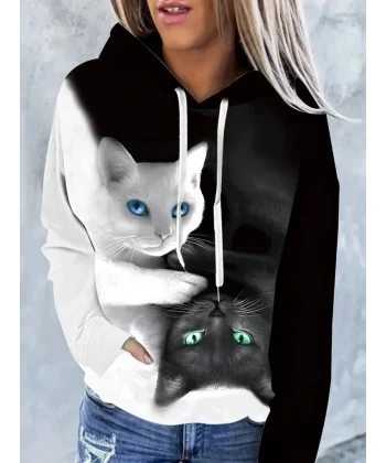 Kadın Uzun Kollu Kapşonlu Bağcıklı Kedi Desenli şardonlu Dalgıç Bluz