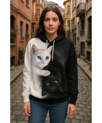 Kadın Uzun Kollu Kapşonlu Bağcıklı Kedi Desenli şardonlu Dalgıç Bluz