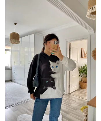 Kadın Uzun Kollu Kapşonlu Bağcıklı Kedi Desenli şardonlu Dalgıç Bluz